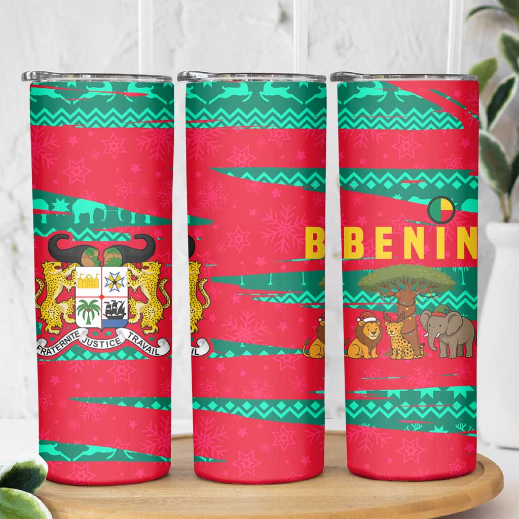 Benin Christmas Skinny Tumbler with Safari Animals Baobab Tree and National Coat of Arms Design - Wonder Print Shop