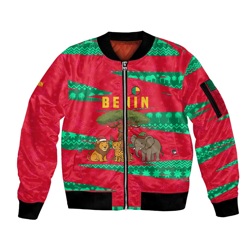 Benin Christmas Sleeve Zip Bomber Jacket with Safari Animals Baobab Tree and National Coat of Arms Design - Wonder Print Shop