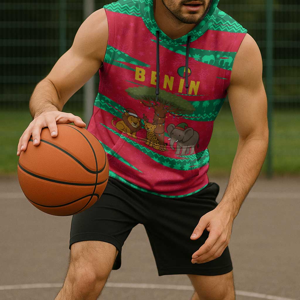 Benin Christmas Sleeveless Hoodie with Safari Animals Baobab Tree and National Coat of Arms Design - Wonder Print Shop