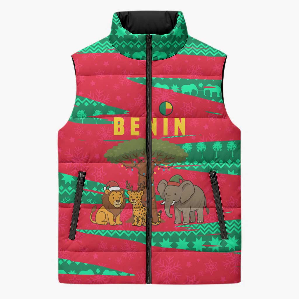 Benin Christmas Sleeveless Puffer Jacket with Safari Animals Baobab Tree and National Coat of Arms Design - Wonder Print Shop