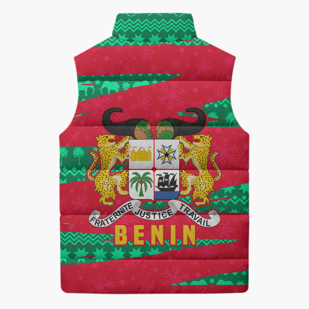 Benin Christmas Sleeveless Puffer Jacket with Safari Animals Baobab Tree and National Coat of Arms Design - Wonder Print Shop