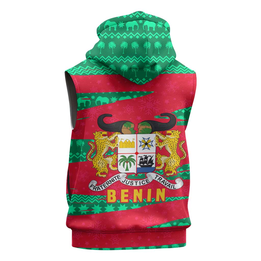 Benin Christmas Sleeveless Zip Hoodie with Safari Animals Baobab Tree and National Coat of Arms Design - Wonder Print Shop