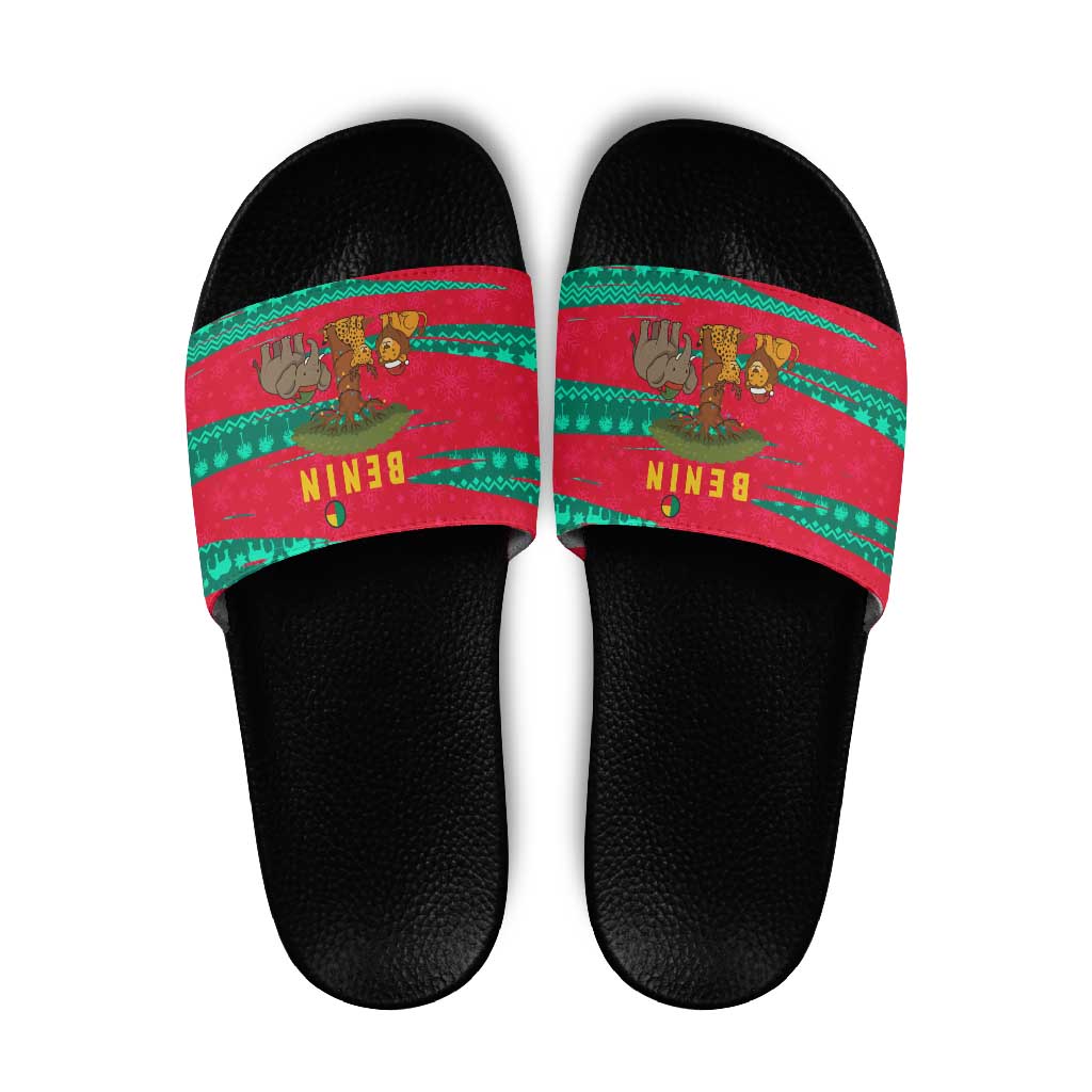 Benin Christmas Slide Sandals with Safari Animals Baobab Tree and National Coat of Arms Design - Wonder Print Shop