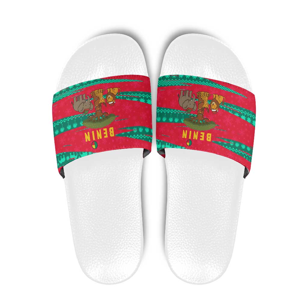 Benin Christmas Slide Sandals with Safari Animals Baobab Tree and National Coat of Arms Design - Wonder Print Shop