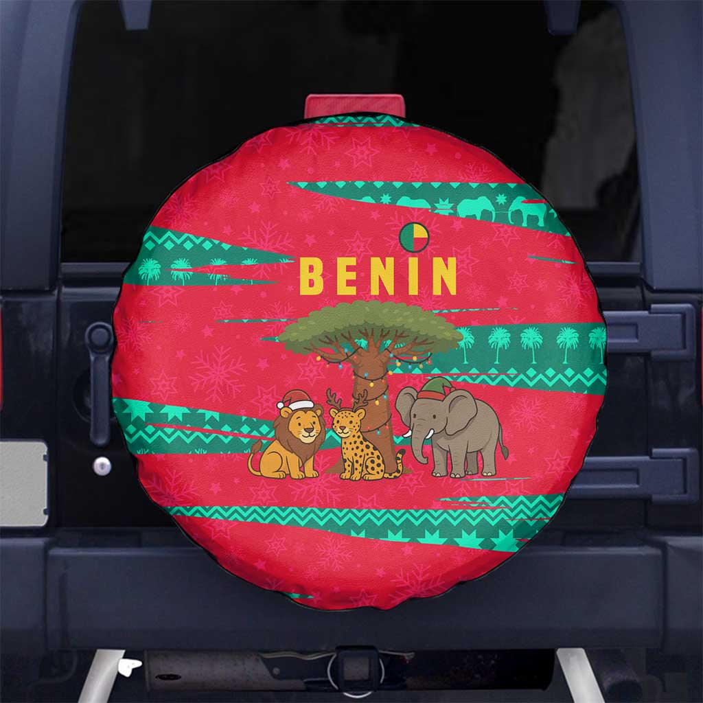Benin Christmas Spare Tire Cover with Safari Animals Baobab Tree and National Coat of Arms Design - Wonder Print Shop