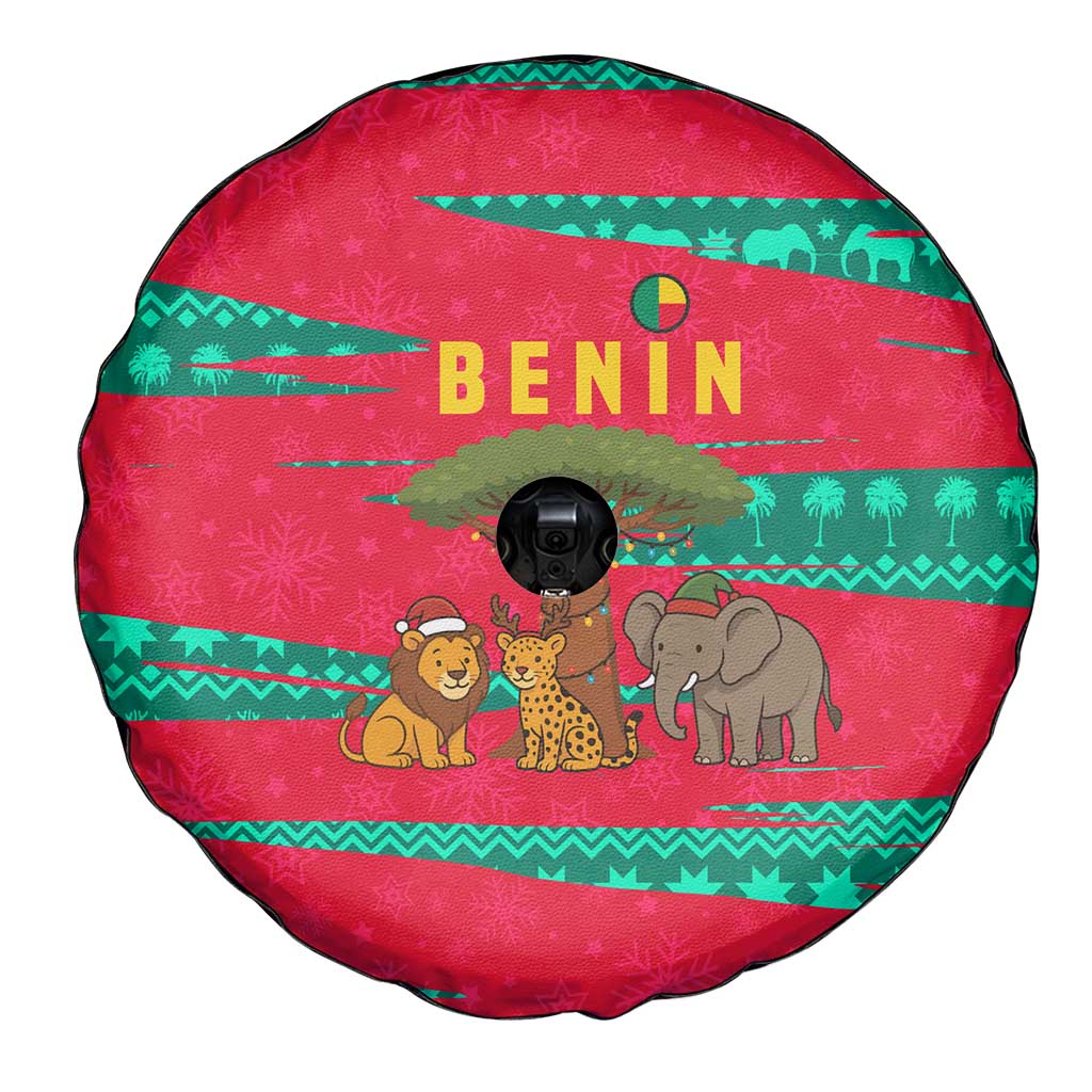 Benin Christmas Spare Tire Cover with Safari Animals Baobab Tree and National Coat of Arms Design - Wonder Print Shop