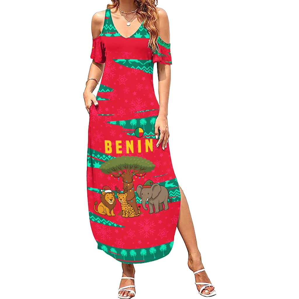 Benin Christmas Summer Maxi Dress with Safari Animals Baobab Tree and National Coat of Arms Design - Wonder Print Shop