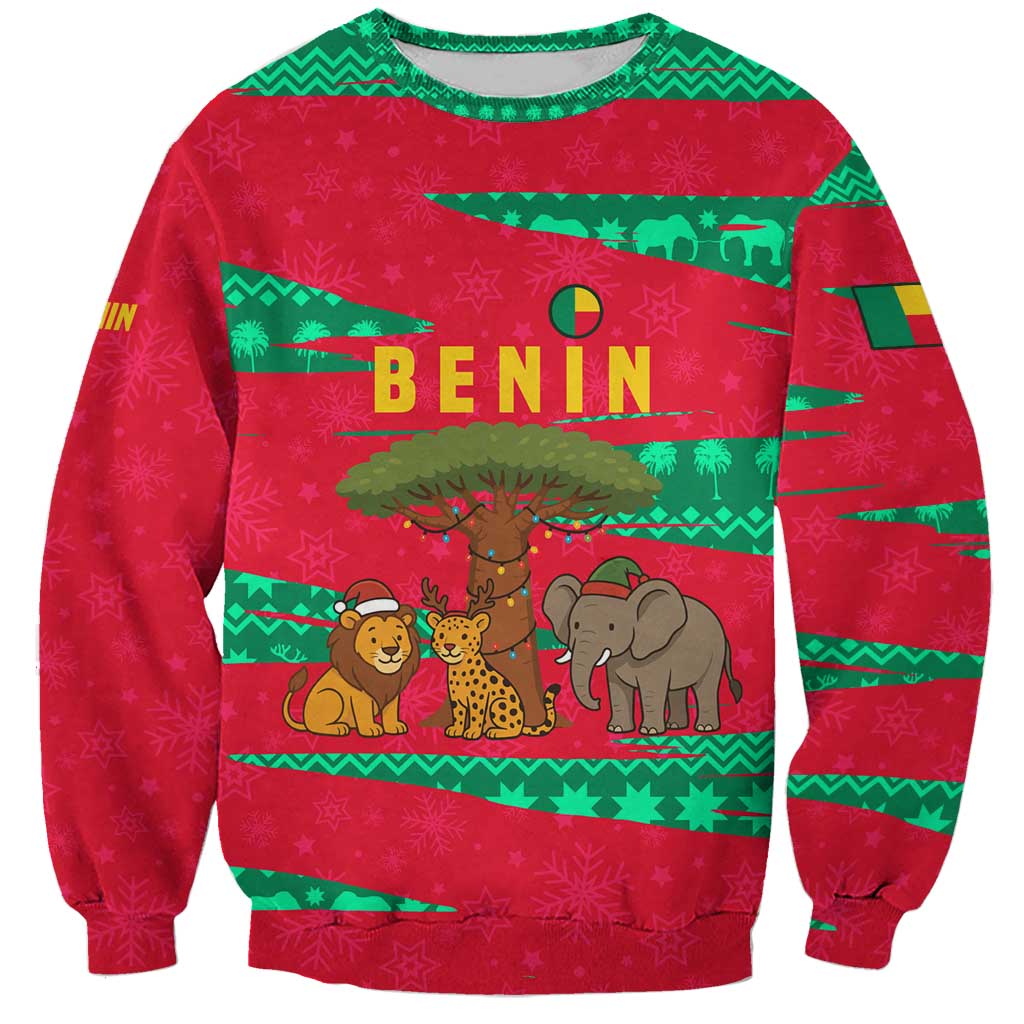 Benin Christmas Sweatshirt with Safari Animals Baobab Tree and National Coat of Arms Design - Wonder Print Shop