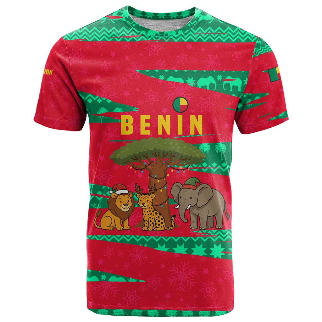 Benin Christmas T Shirt with Safari Animals Baobab Tree and National Coat of Arms Design - Wonder Print Shop