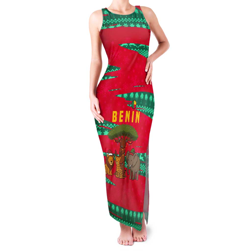 Benin Christmas Tank Maxi Dress with Safari Animals Baobab Tree and National Coat of Arms Design - Wonder Print Shop