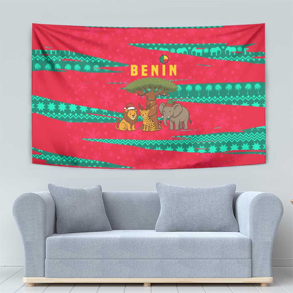 Benin Christmas Tapestry with Safari Animals Baobab Tree and National Coat of Arms Design - Wonder Print Shop