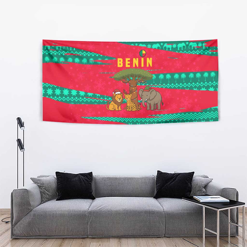 Benin Christmas Tapestry with Safari Animals Baobab Tree and National Coat of Arms Design - Wonder Print Shop