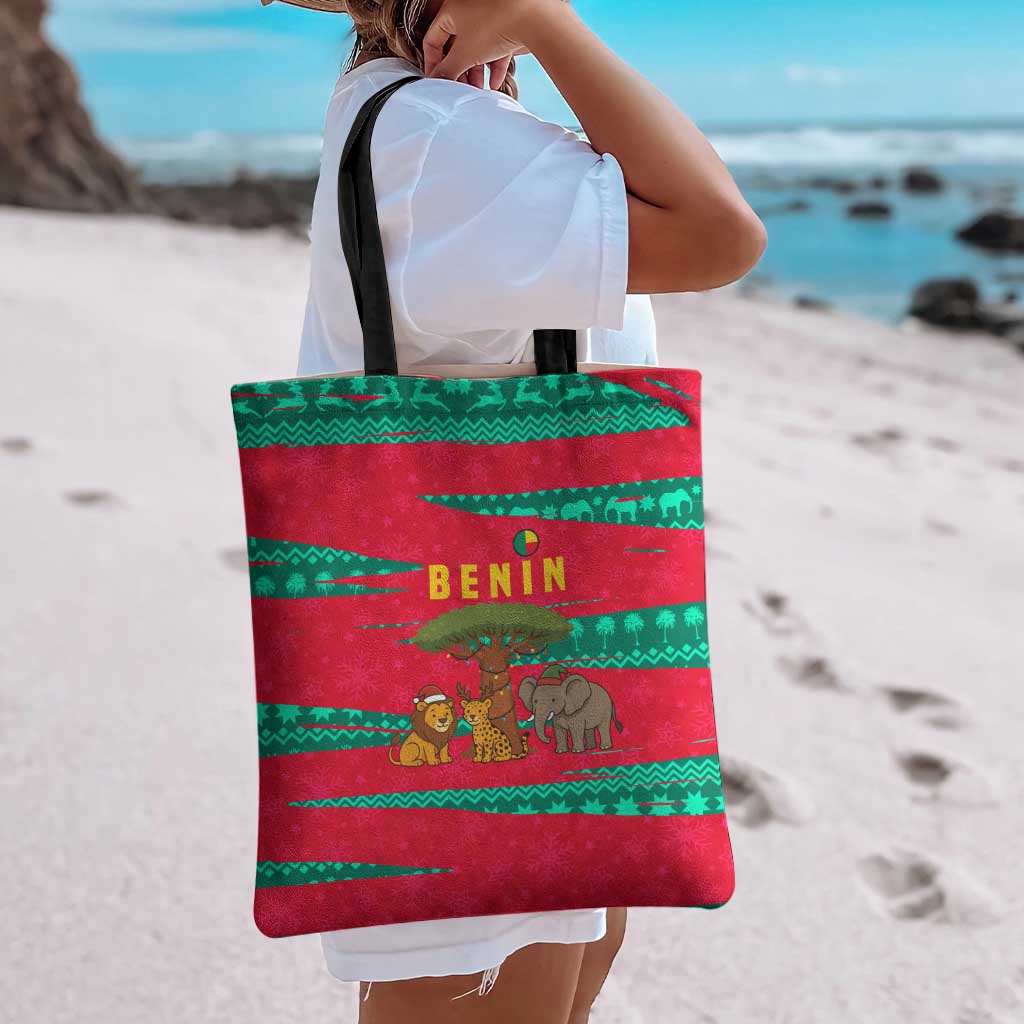 Benin Christmas Tote Bag with Safari Animals Baobab Tree and National Coat of Arms Design - Wonder Print Shop