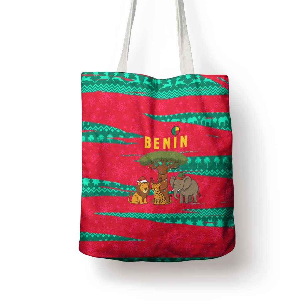 Benin Christmas Tote Bag with Safari Animals Baobab Tree and National Coat of Arms Design - Wonder Print Shop