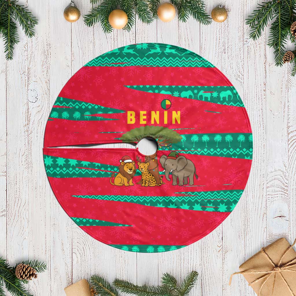 Benin Christmas Tree Skirt with Safari Animals Baobab Tree and National Coat of Arms Design - Wonder Print Shop