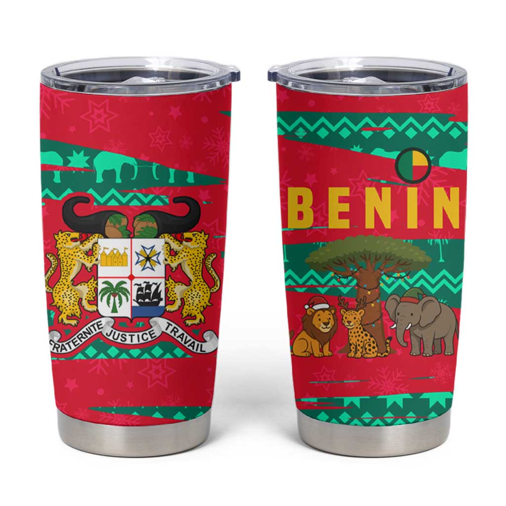 Benin Christmas Tumbler Cup with Safari Animals Baobab Tree and National Coat of Arms Design - Wonder Print Shop