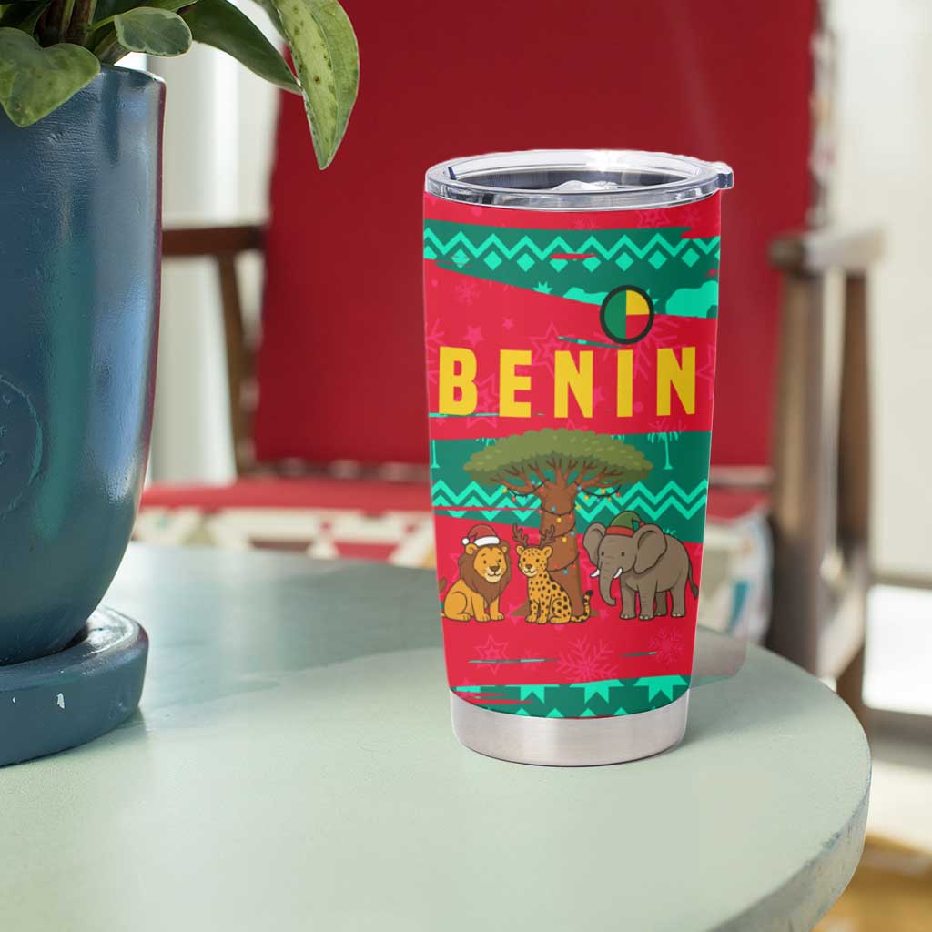 Benin Christmas Tumbler Cup with Safari Animals Baobab Tree and National Coat of Arms Design - Wonder Print Shop