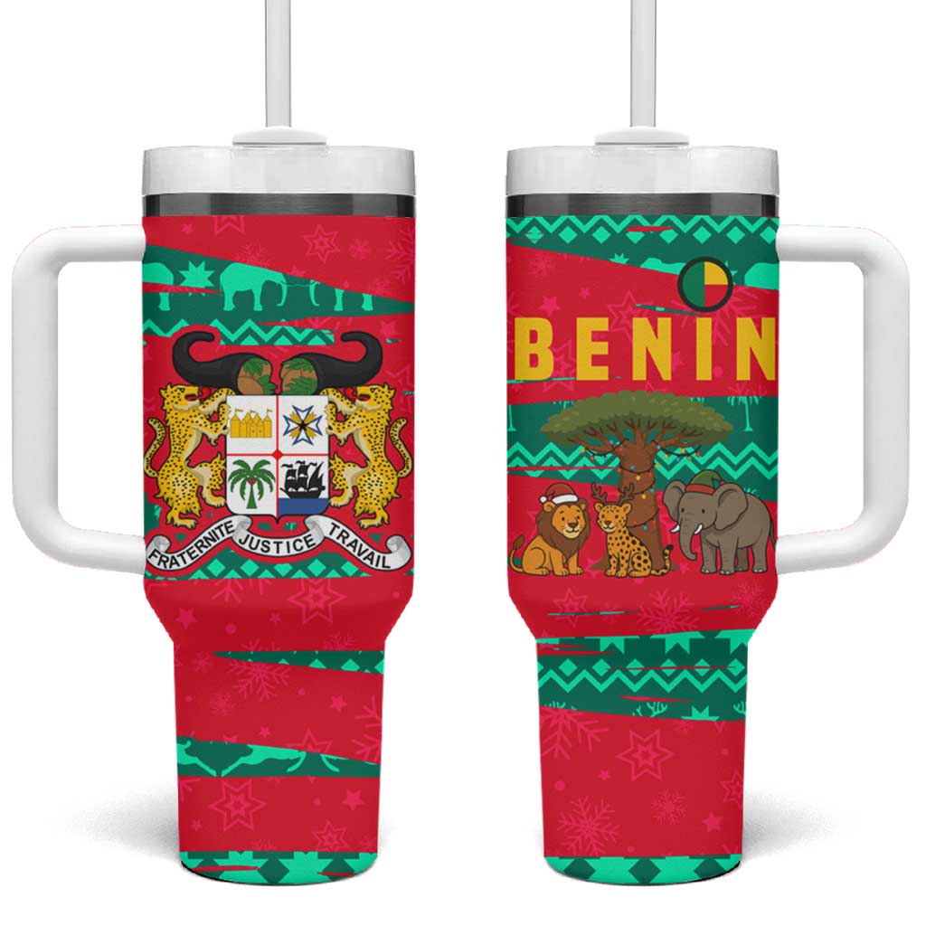 Benin Christmas Tumbler With Handle with Safari Animals Baobab Tree and National Coat of Arms Design - Wonder Print Shop