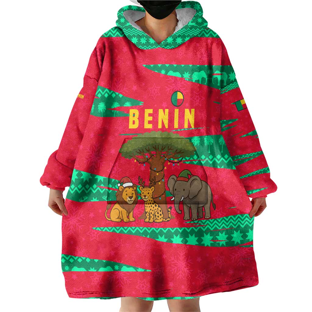 Benin Christmas Wearable Blanket Hoodie with Safari Animals Baobab Tree and National Coat of Arms Design - Wonder Print Shop