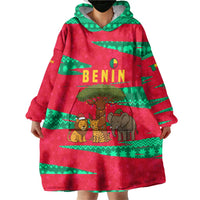 Benin Christmas Wearable Blanket Hoodie with Safari Animals Baobab Tree and National Coat of Arms Design - Wonder Print Shop