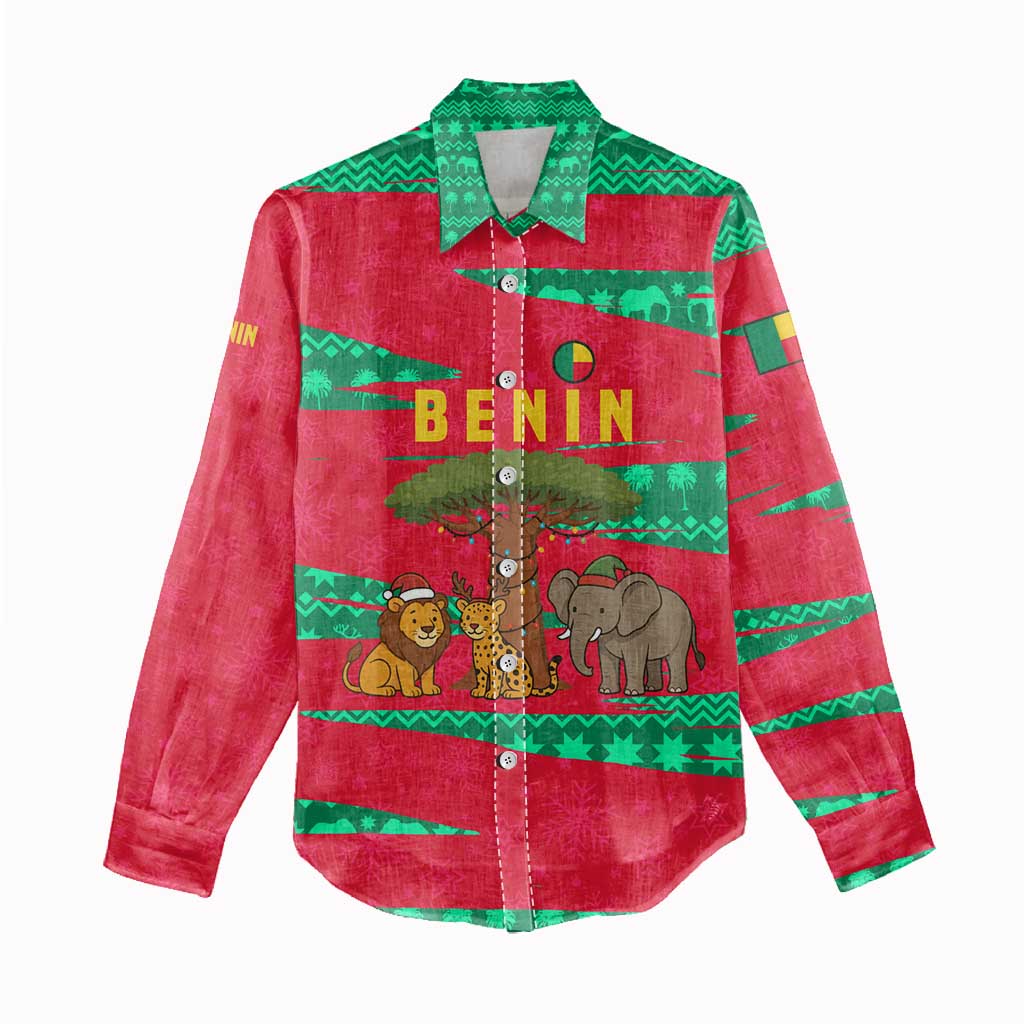 Benin Christmas Women Casual Shirt with Safari Animals Baobab Tree and National Coat of Arms Design - Wonder Print Shop