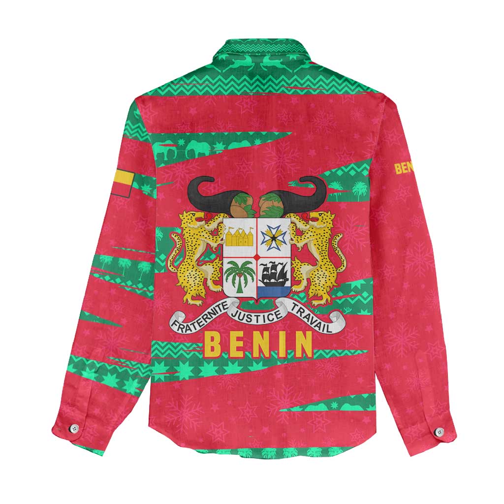 Benin Christmas Women Casual Shirt with Safari Animals Baobab Tree and National Coat of Arms Design - Wonder Print Shop