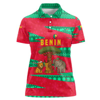 Benin Christmas Women Polo Shirt with Safari Animals Baobab Tree and National Coat of Arms Design - Wonder Print Shop