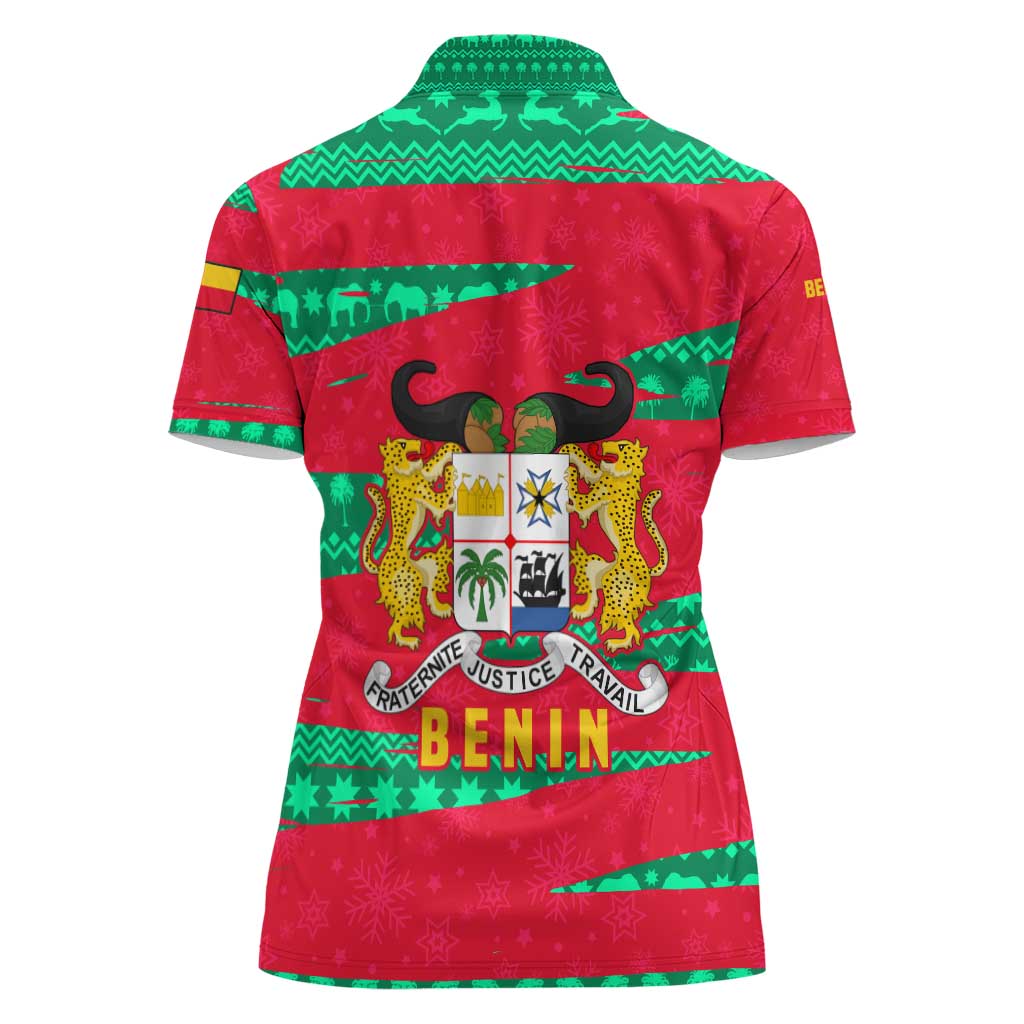 Benin Christmas Women Polo Shirt with Safari Animals Baobab Tree and National Coat of Arms Design - Wonder Print Shop