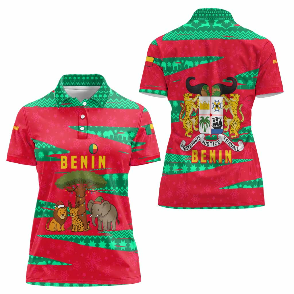 Benin Christmas Women Polo Shirt with Safari Animals Baobab Tree and National Coat of Arms Design - Wonder Print Shop