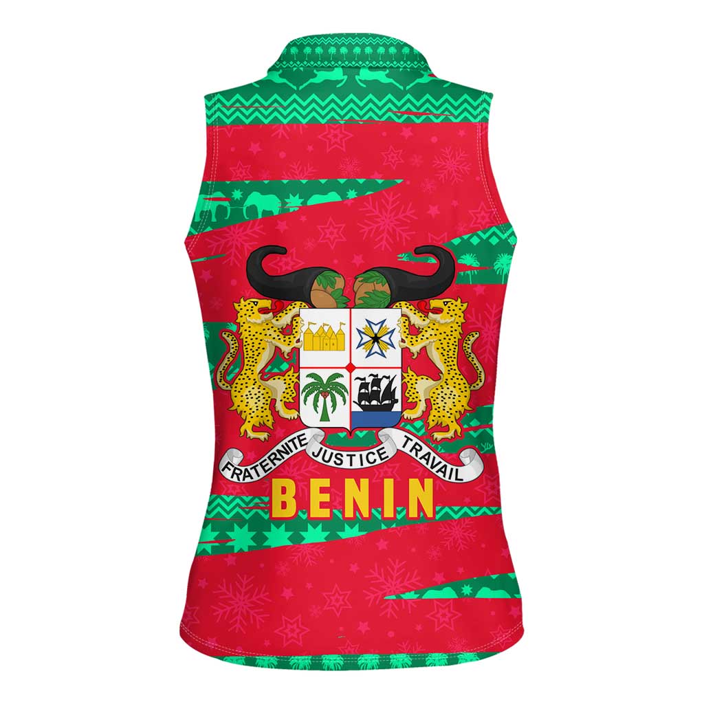 Benin Christmas Women Sleeveless Polo Shirt with Safari Animals Baobab Tree and National Coat of Arms Design - Wonder Print Shop