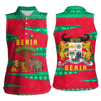 Benin Christmas Women Sleeveless Polo Shirt with Safari Animals Baobab Tree and National Coat of Arms Design - Wonder Print Shop