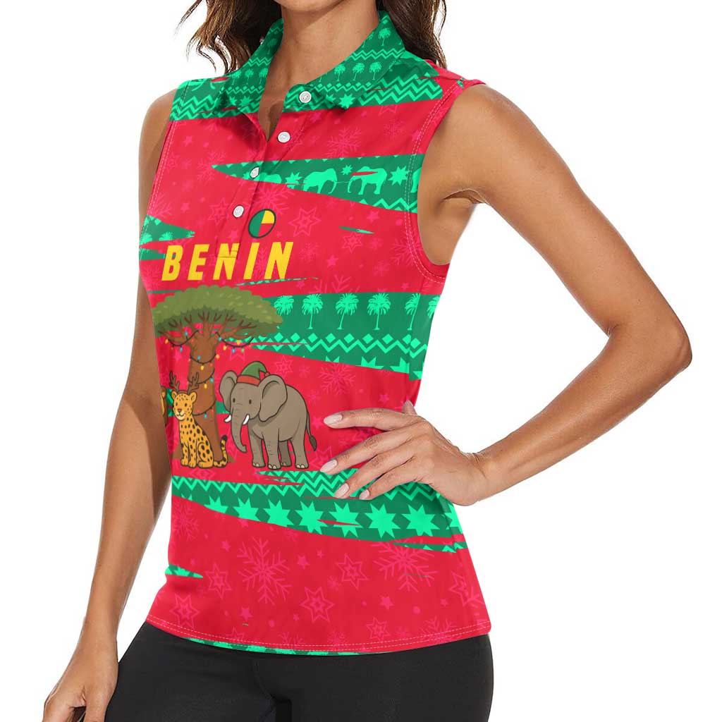 Benin Christmas Women Sleeveless Polo Shirt with Safari Animals Baobab Tree and National Coat of Arms Design - Wonder Print Shop