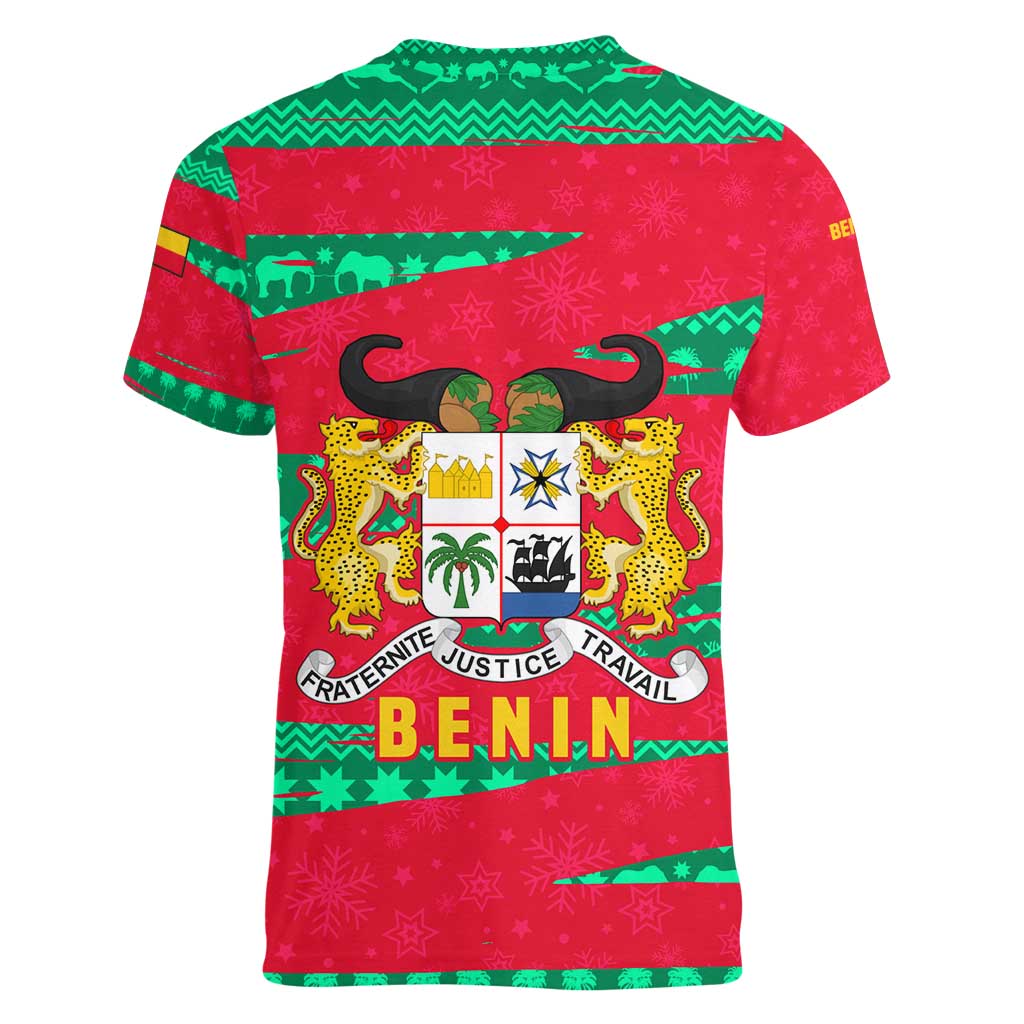 Benin Christmas Women V-Neck T-Shirt with Safari Animals Baobab Tree and National Coat of Arms Design - Wonder Print Shop