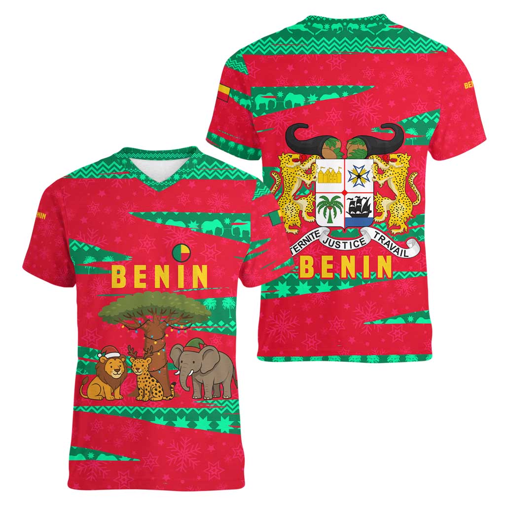 Benin Christmas Women V-Neck T-Shirt with Safari Animals Baobab Tree and National Coat of Arms Design - Wonder Print Shop