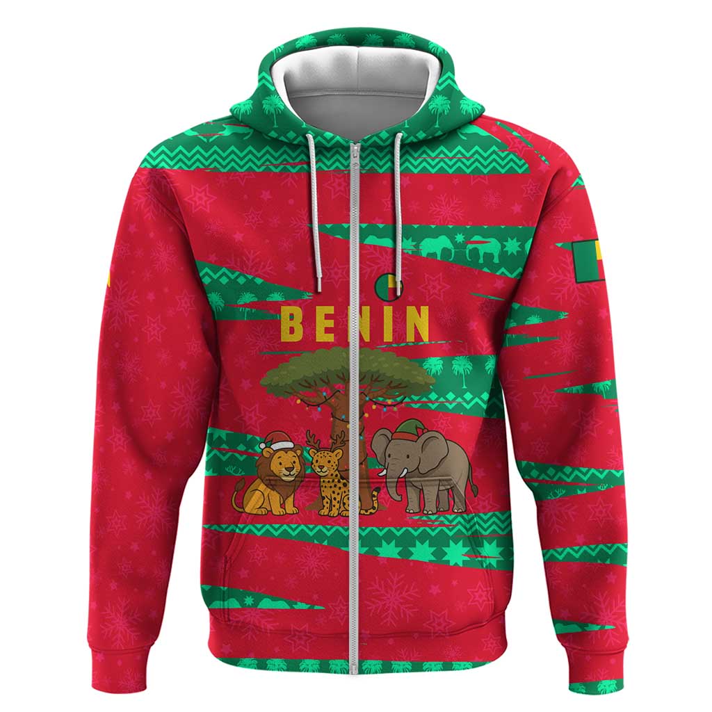 Benin Christmas Zip Hoodie with Safari Animals Baobab Tree and National Coat of Arms Design - Wonder Print Shop
