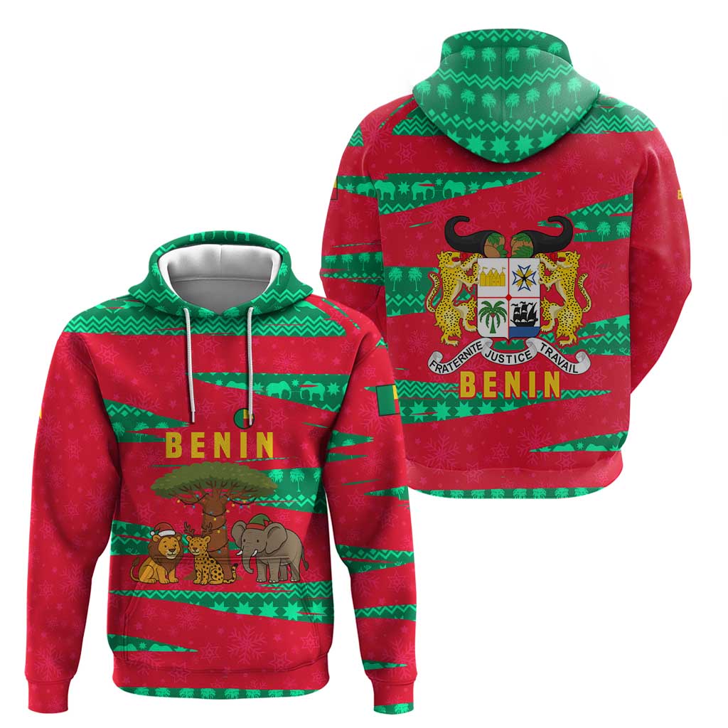 Benin Christmas Zip Hoodie with Safari Animals Baobab Tree and National Coat of Arms Design - Wonder Print Shop