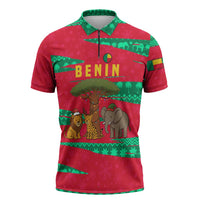 Benin Christmas Zipper Polo Shirt with Safari Animals Baobab Tree and National Coat of Arms Design - Wonder Print Shop