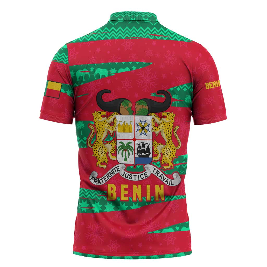 Benin Christmas Zipper Polo Shirt with Safari Animals Baobab Tree and National Coat of Arms Design - Wonder Print Shop