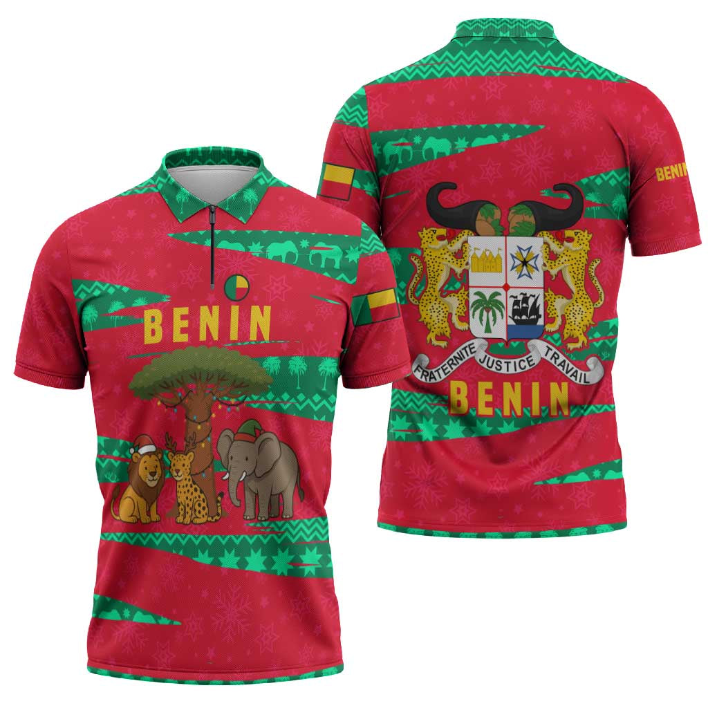 Benin Christmas Zipper Polo Shirt with Safari Animals Baobab Tree and National Coat of Arms Design - Wonder Print Shop