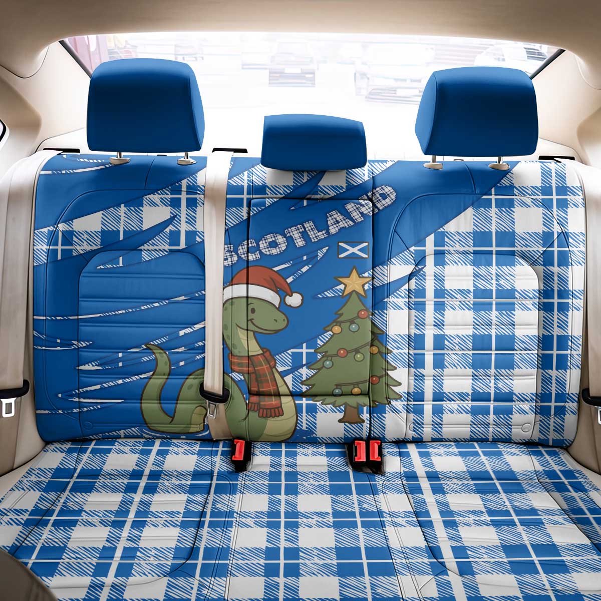 Scotland Christmas Back Car Seat Cover with Nessie Santa Hat and Blue Tartan Tree - Wonder Print Shop