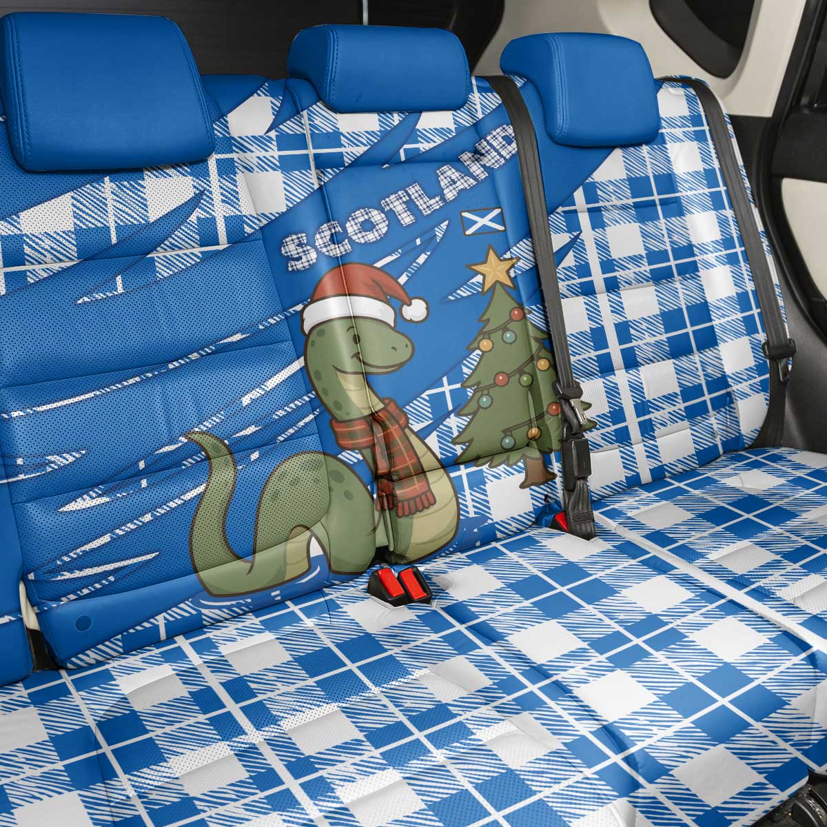 Scotland Christmas Back Car Seat Cover with Nessie Santa Hat and Blue Tartan Tree - Wonder Print Shop