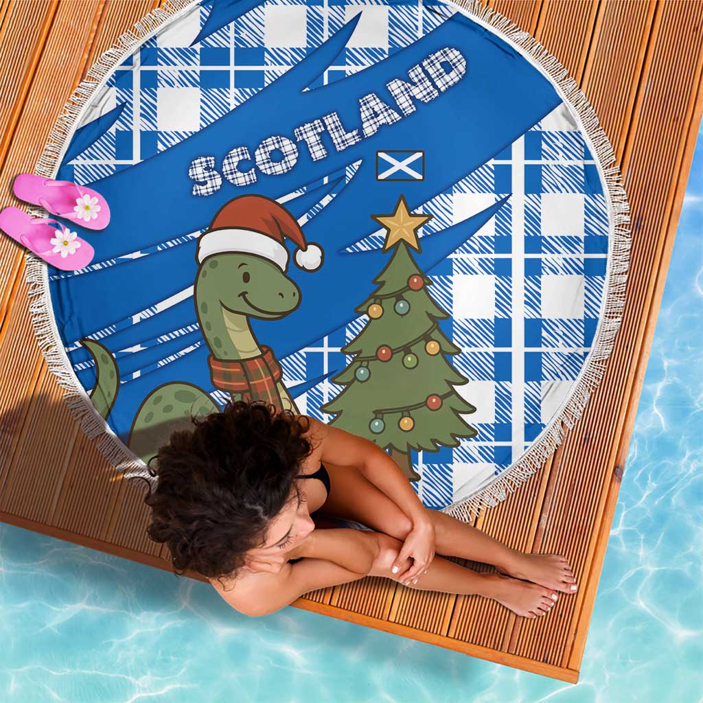 Scotland Christmas Beach Blanket with Nessie Santa Hat and Blue Tartan Tree - Wonder Print Shop