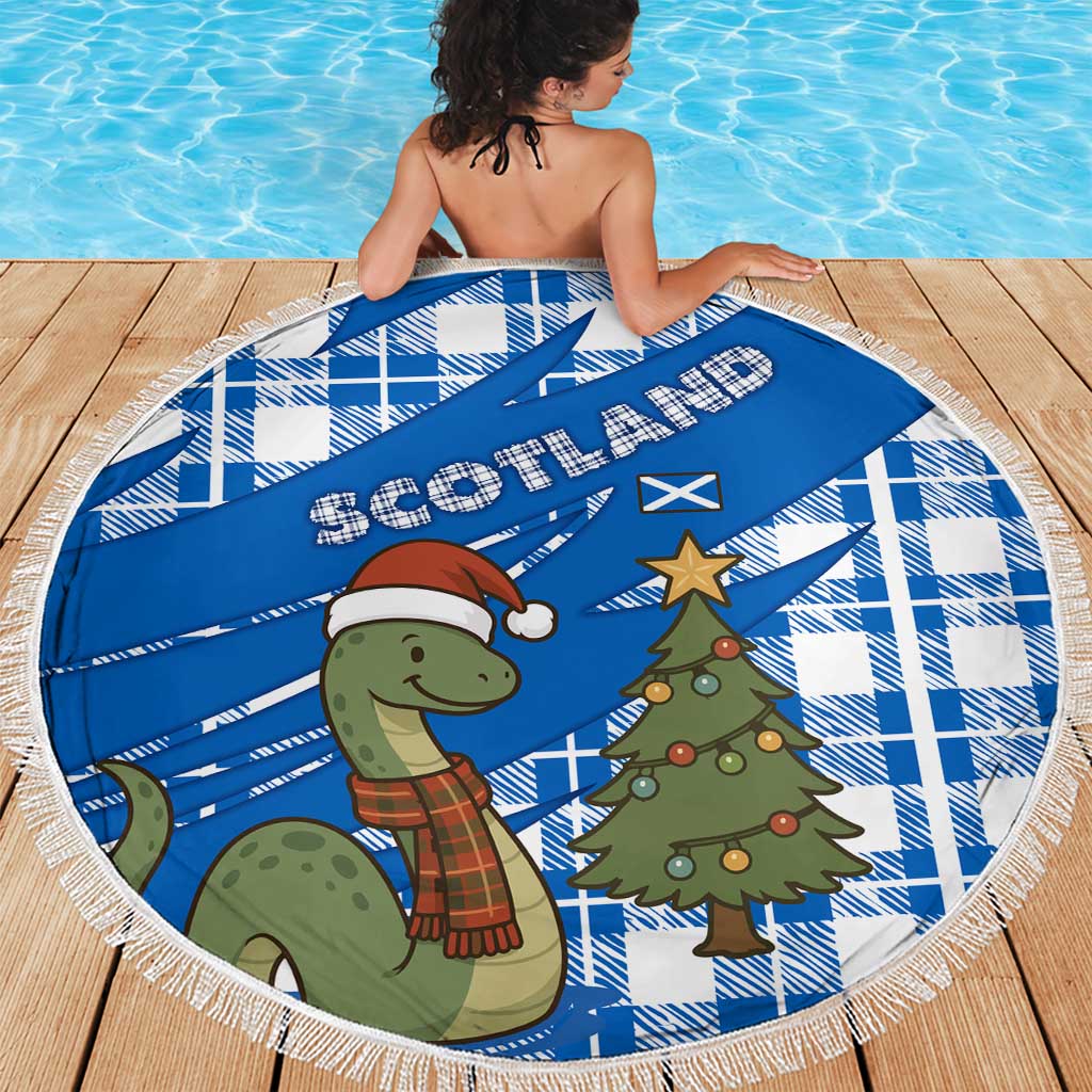 Scotland Christmas Beach Blanket with Nessie Santa Hat and Blue Tartan Tree - Wonder Print Shop
