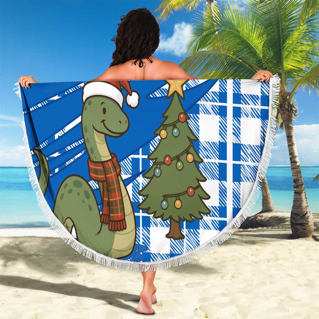 Scotland Christmas Beach Blanket with Nessie Santa Hat and Blue Tartan Tree - Wonder Print Shop