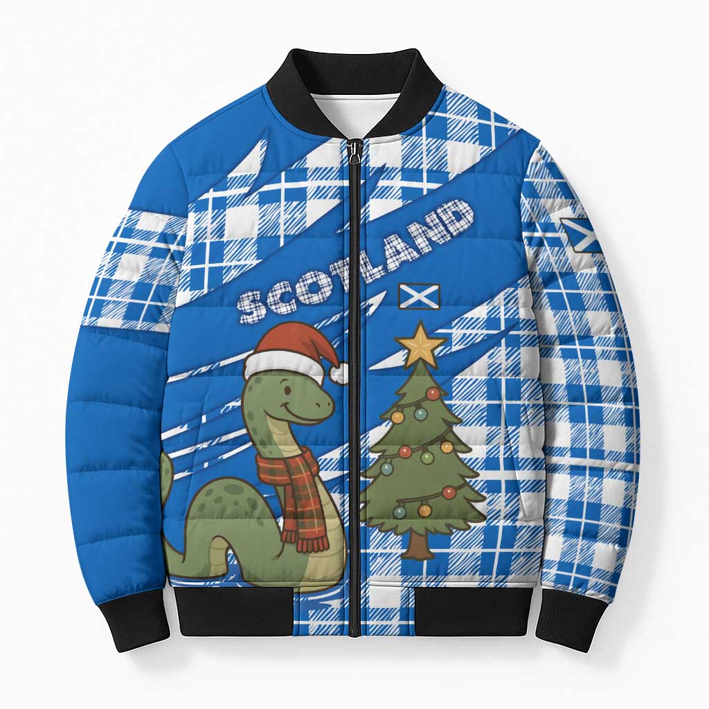 Scotland Christmas Bomber Puffer Jacket with Nessie Santa Hat and Blue Tartan Tree - Wonder Print Shop