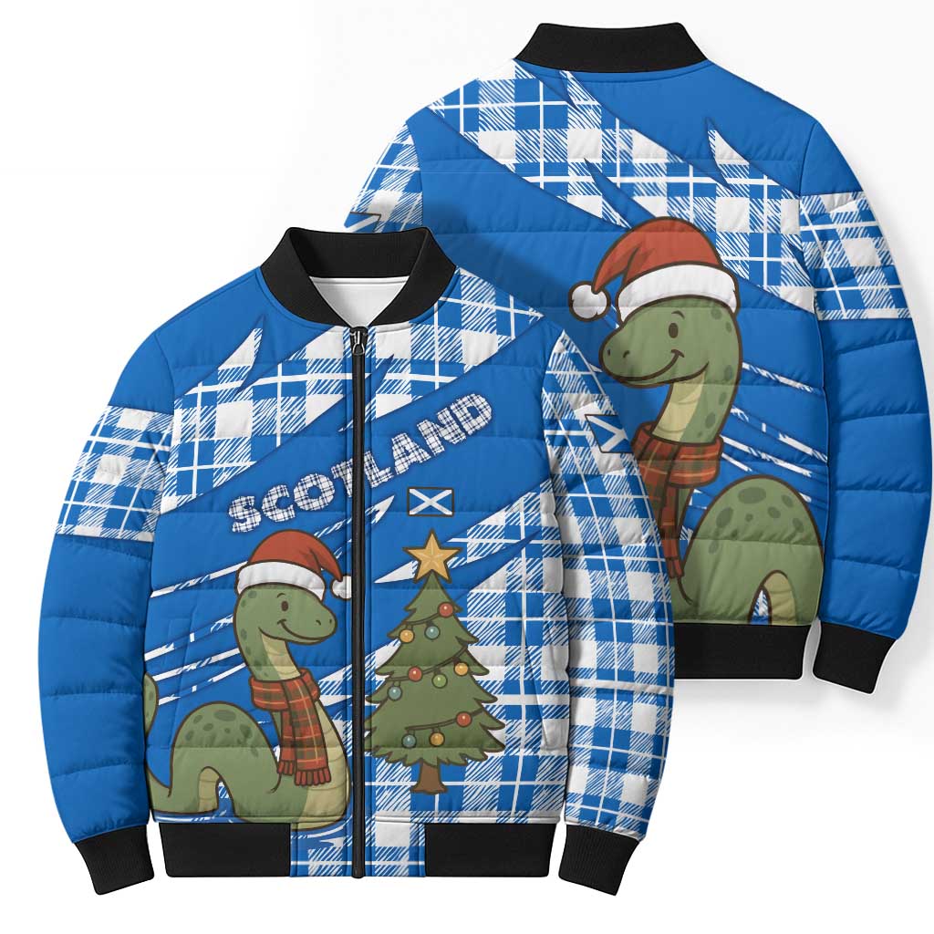 Scotland Christmas Bomber Puffer Jacket with Nessie Santa Hat and Blue Tartan Tree - Wonder Print Shop