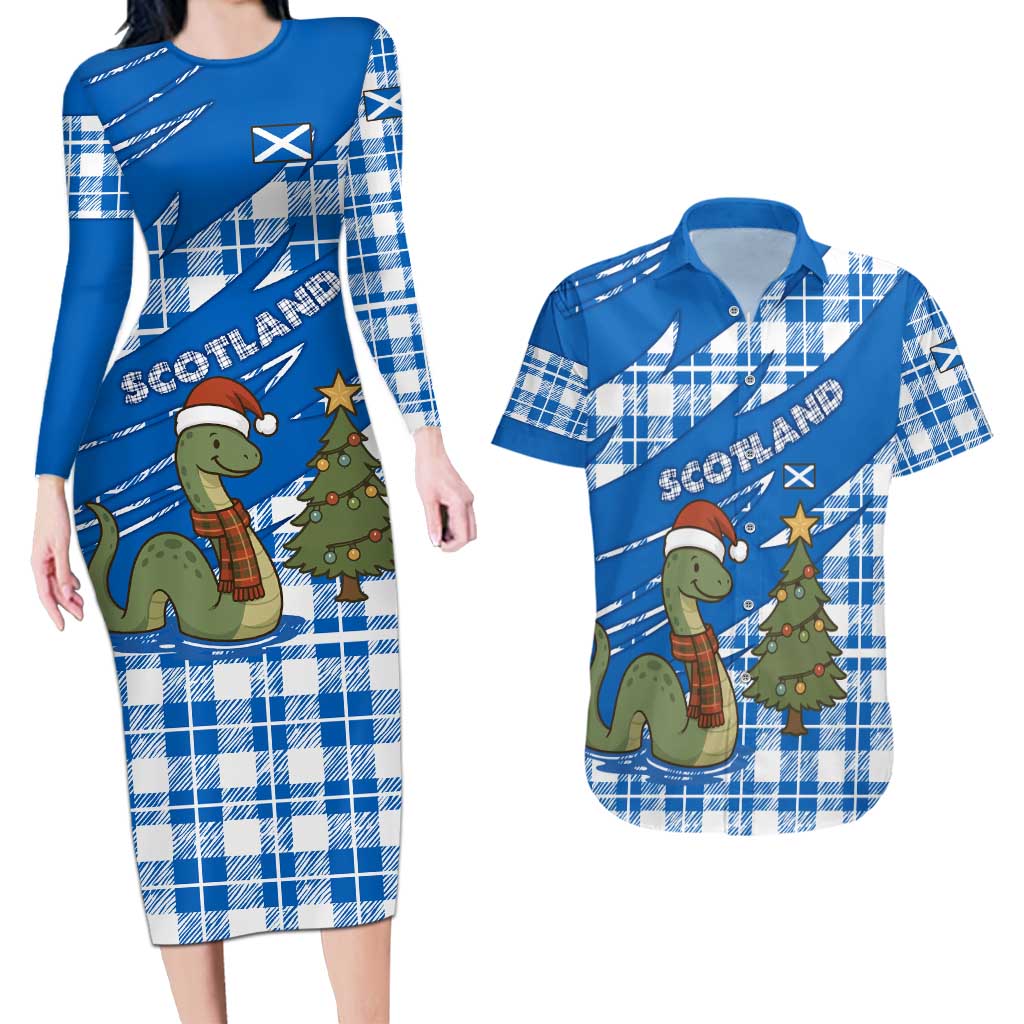 Scotland Christmas Couples Matching Long Sleeve Bodycon Dress and Hawaiian Shirt with Nessie Santa Hat and Blue Tartan Tree - Wonder Print Shop