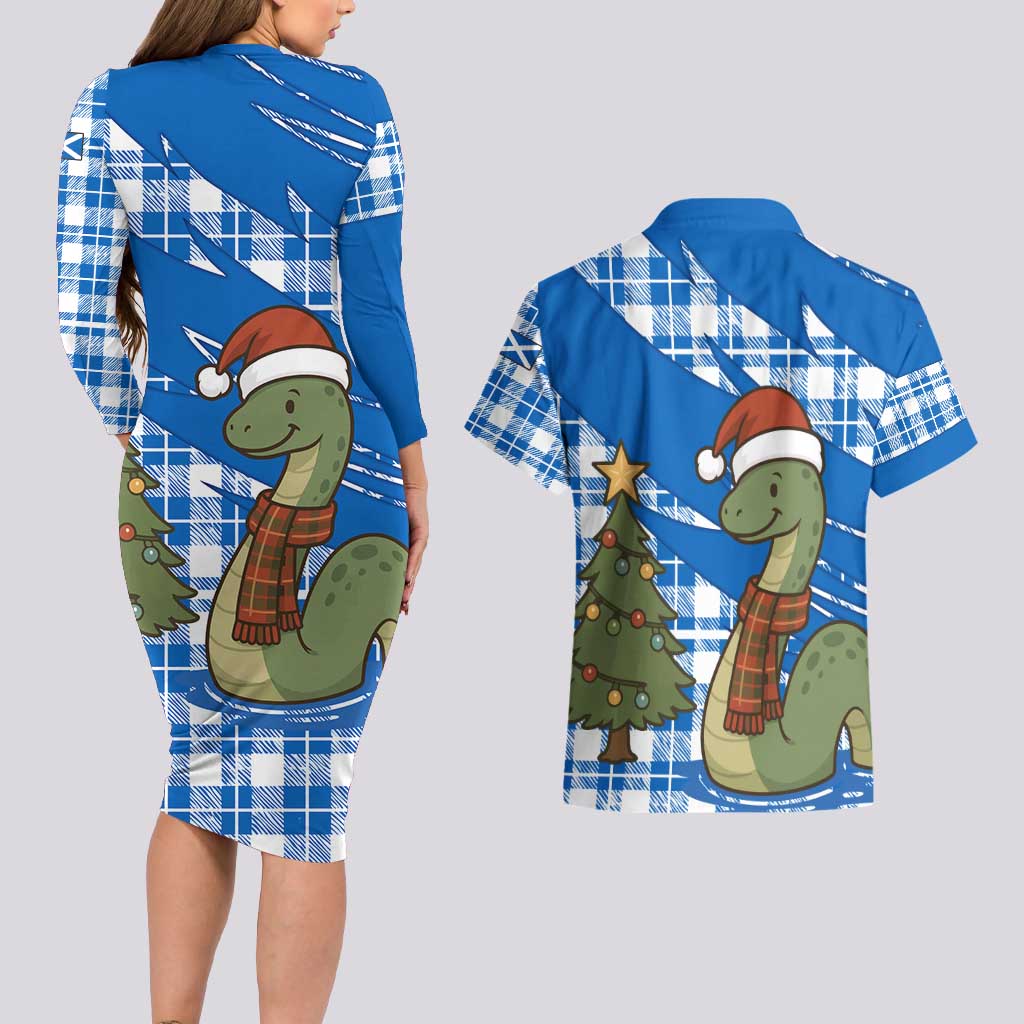 Scotland Christmas Couples Matching Long Sleeve Bodycon Dress and Hawaiian Shirt with Nessie Santa Hat and Blue Tartan Tree - Wonder Print Shop