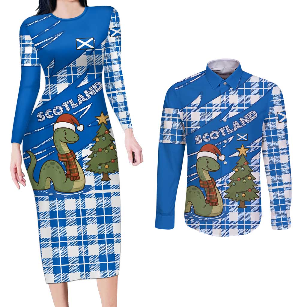 Scotland Christmas Couples Matching Long Sleeve Bodycon Dress and Long Sleeve Button Shirt with Nessie Santa Hat and Blue Tartan Tree - Wonder Print Shop