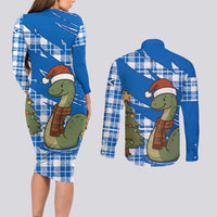 Scotland Christmas Couples Matching Long Sleeve Bodycon Dress and Long Sleeve Button Shirt with Nessie Santa Hat and Blue Tartan Tree - Wonder Print Shop